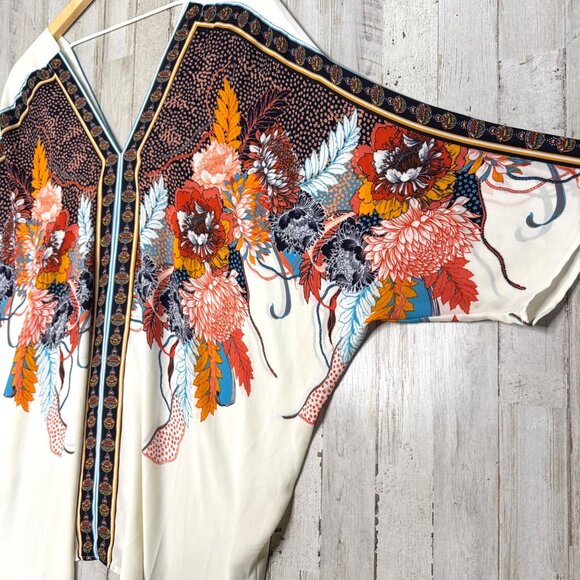 Rose + Olive Cream Multi Boho Floral Dolman 3/4 Sleeve Flowy Blouse Kimono Sz 1X - Picture 4 of 7